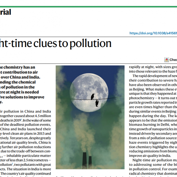 Night-time clues to pollution: Night-time chemistry has an important contribution to air pollution over China and India. Understanding the chemical evolution of pollution in the atmosphere at night is needed for efective solutions to improve air quality.